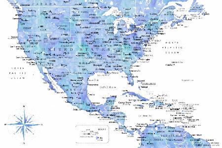 Blaue Karte der USA und der Karibik