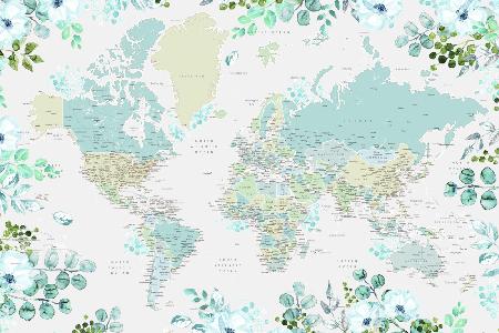 Detaillierte Weltkarte mit Städten und Blumen,Marie