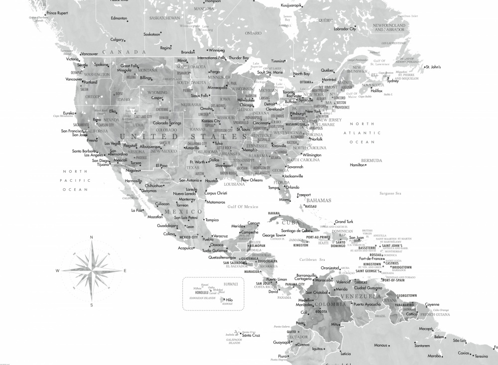 Graue Karte der USA und der Karibik von Rosana Laiz Blursbyai