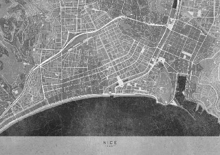Graue Vintage-Karte der Innenstadt von Nizza in Frankreich