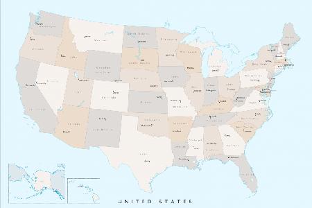 Isolierte Karte der Vereinigten Staaten mit Bundesstaaten und Landeshauptstädten