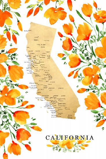 Kalifornien-Karte mit Aquarell-Mohnblumen