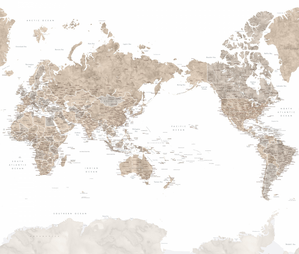 Pazifikzentrierte Weltkarte mit Städten,Abey von Rosana Laiz Blursbyai