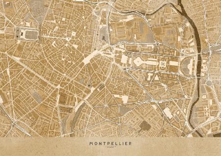 Sepia-Vintage-Karte der Innenstadt von Montpellier in Frankreich