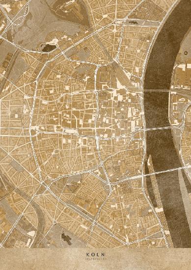 Sepia-Vintage-Karte der Kölner Innenstadt von Deutschland
