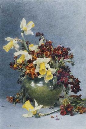 Osterglocken und Mauerblümchen in einer grünen Vase 1890
