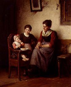 Mutter mit zwei Kindern in der Bauernstube von Rudolf Epp