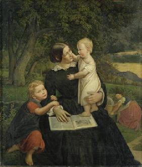 Emilie Marie Wasmann, the artist's wife, with Elise and Erich, their oldest children 1860