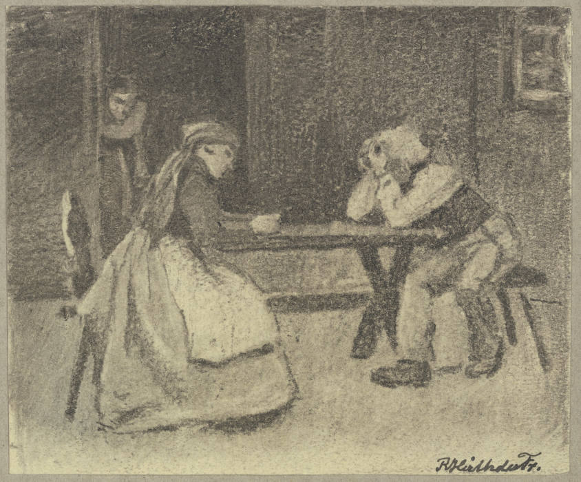 Jägerblut, Mann und Frau sitzen an einem Tisch von Rudolf Hirth du Frênes