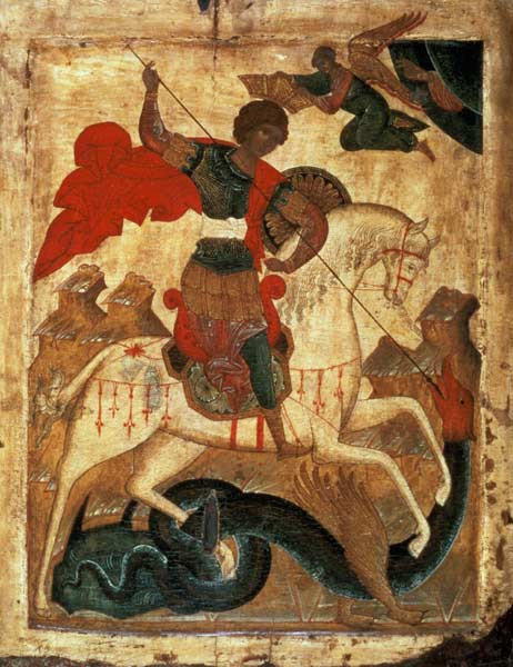 St. George and the Dragon (tempera on fabric, gesso, and von Russian School