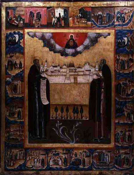Saints Zosimus and Sabbatheus of Solovetsk with scenes from their lives von Russian School
