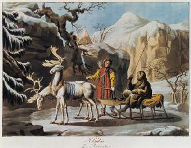 Yakuts of central Siberia in winter landscape, clad in furs and with a reindeer sledge 1813