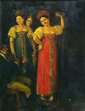 Violinist and three women dancing