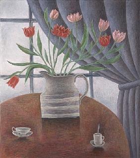 Tulips, Curtain, Cups, 2002 (oil on canvas) 