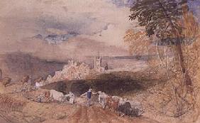 Hilly Landscape with Farmers Ploughing