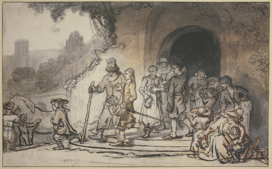 Ein junger Mann, gestiefelt und gespornt, tritt begleitet von seinem alten Vater und seiner Familie  von Samuel van Hoogstraten