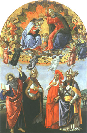 Krönung der Maria mit den Heiligen Johannes der Evangelist, Augustinus, Hieronymus und Eligius von Sandro Botticelli