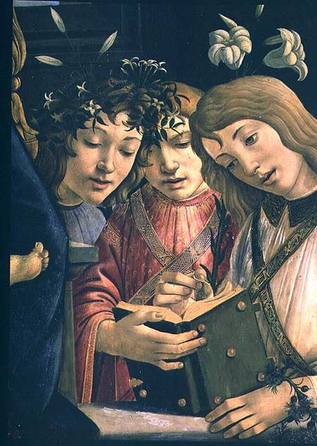 Madonna and child with the young St. John the Baptist and angels: detail showing three angels von Sandro Botticelli