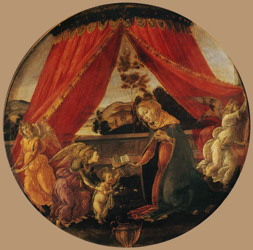 Madonna und Kind mit drei Engeln von Sandro Botticelli