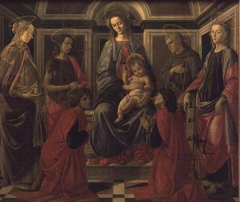 Virgin and Child with SS. Mary Magdalene, John The Baptist, Cosmo, Damian, Francis and Catherine, c. von Sandro Botticelli
