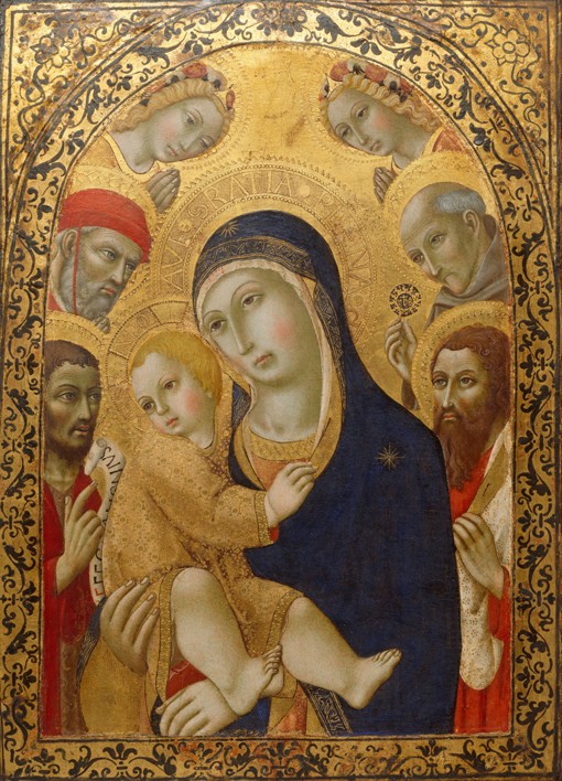 Madonna und Kind mit Heiligen Hieronymus, Johannes dem Täufer, Bernhardin von Siena und Bartholomäus von Sano di Pietro