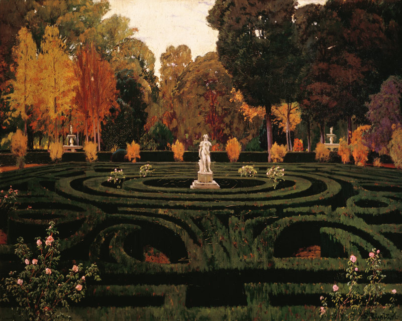 Gartenlabyrinth mit Faun-Statue. von Santiago Rusiñol y Prats