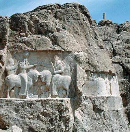 Two bas-reliefs, the left with the investiture of Bahram I (r.273-74) and the right showing Bahram I von Sasanian