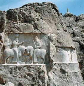 Two bas-reliefs, the left with the investiture of Bahram I (r.273-74) and the right showing Bahram I second hal