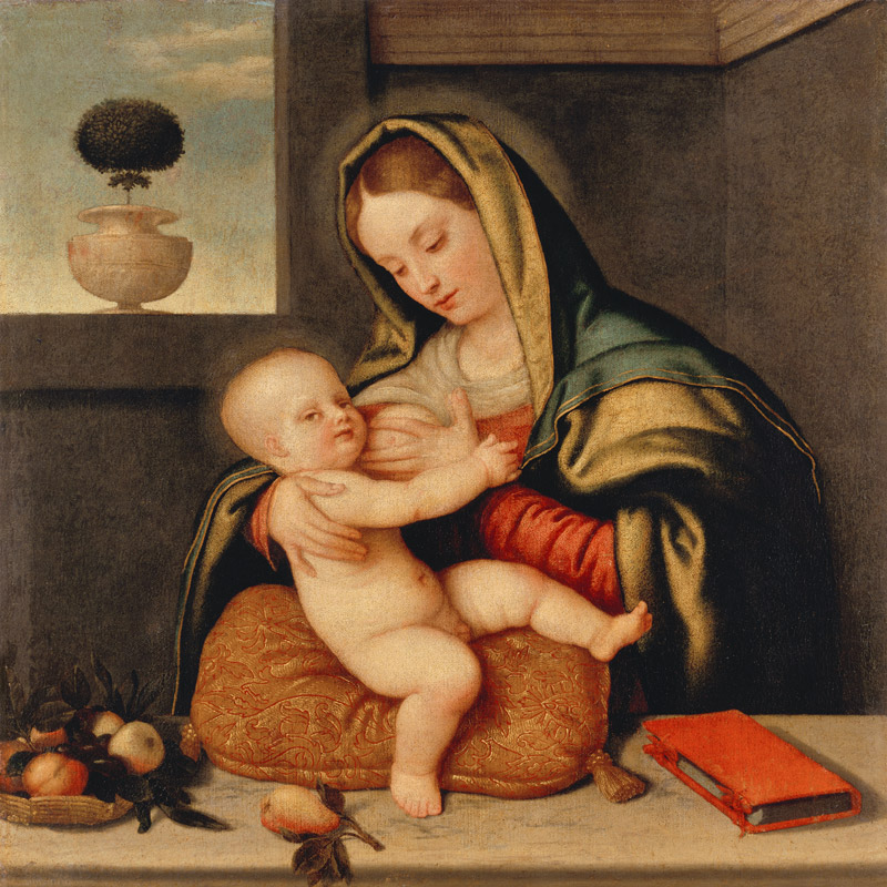 Die hl. Jungfrau, dem Jesuskind die Brust reichend. von Schule von Bergamo