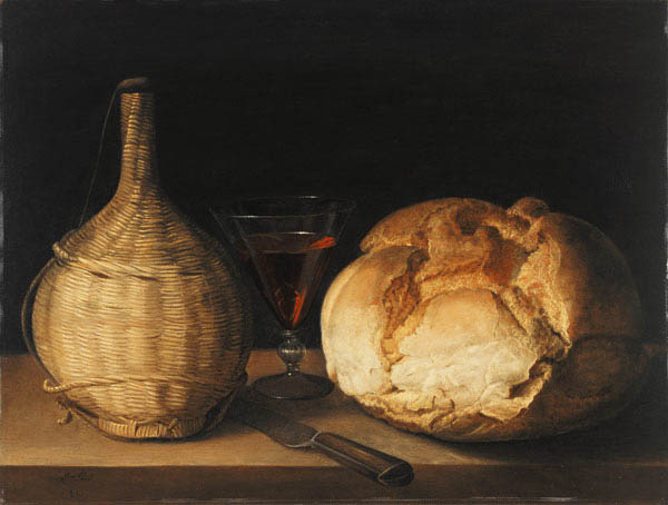 Stillleben mit Korbflasche, Kelchglas und Brot. von Sebastian Stosskopf