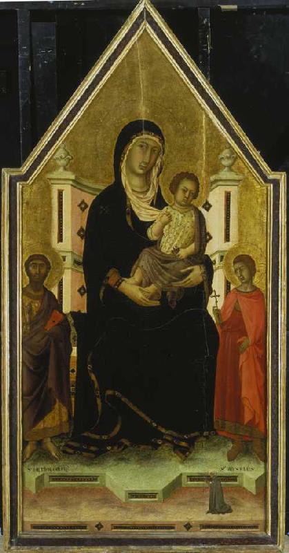 Madonna mit Kind und den heiligen Bartholomäus und Ansanus. von Segna di Buonaventura