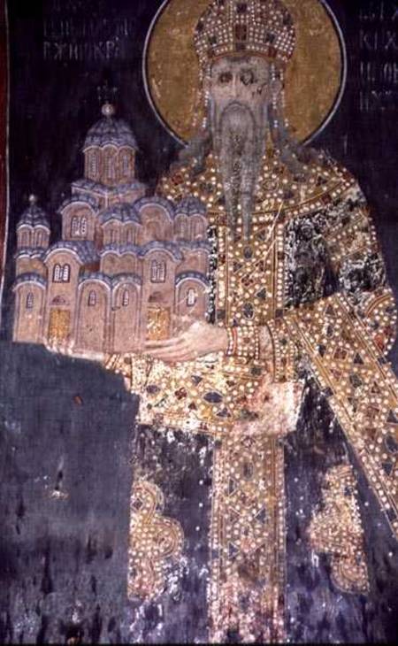 King Stephen Uros II Milutin (r.1282-1321) with a model of the church von Serbian School