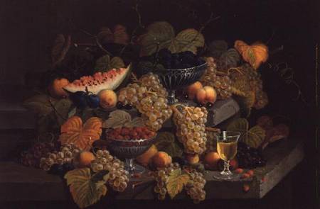 Still Life of Melon, Plums, Grapes, Peaches, Cherries, Strawberries etc on Stone Ledges von Severin Roesen