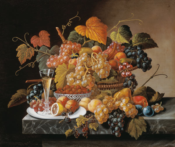Weintraubenstilleben mit Sektglas. von Severin Roesen