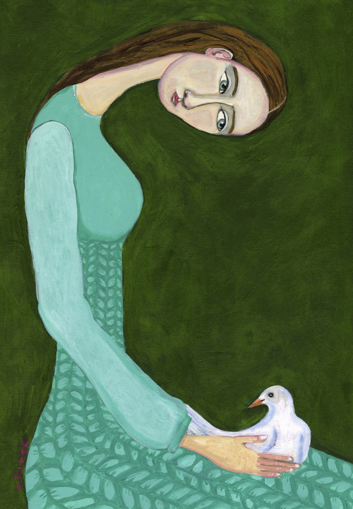 Dame sitzt mit weißer Taubenvogelfrau von Sharyn Bursic