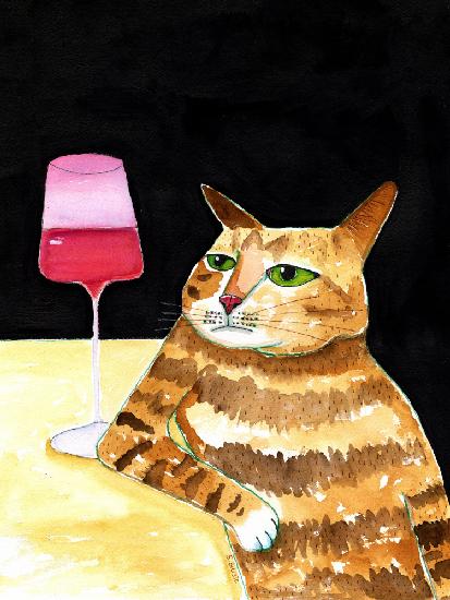 Katze am Freitagabend trinkt Wein. Lustiger Katzen-Humor