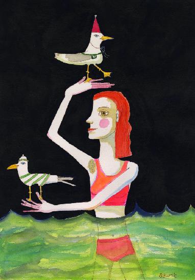 Schwimmende Dame mit Vögeln