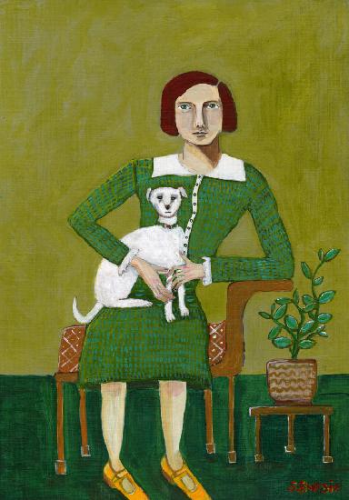 Vintage Dame mit ihrem weißen Hund