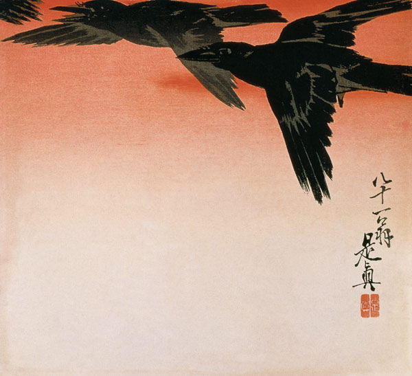 Crows in flight in a red sky von Shibata Zeshin