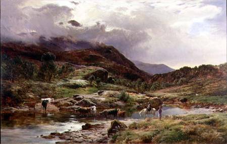 A Mountainous River Scene with Cattle in the Foreground von Sidnay Richard Percy