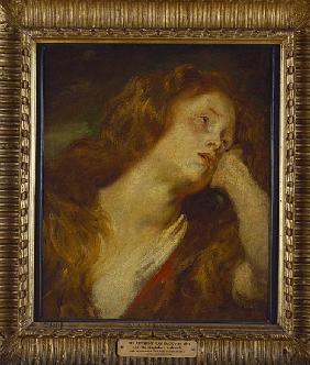 A young woman, bust length, resting her head on her hand (oil on paper laid down on panel)
