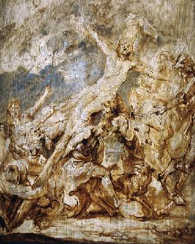 Sketch of the lifting of the cross, 1630 (oil & grisaille on wood)