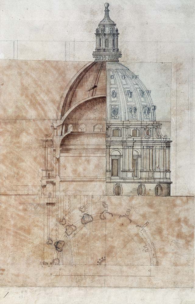 The 'Definitive Design': section, elevation and half plan of St. Paul's Cathedral dome cil on von Sir Christopher Wren