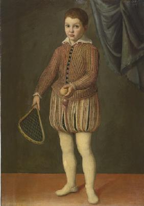 Porträt eines Jungen mit Tennisschläger und Ball