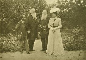 Lew Tolstoi und Sofia Andrejewna mit Bildhauer Eliah Ginsburg (1859-1939) und Kunstkritiker Wladimir 1900