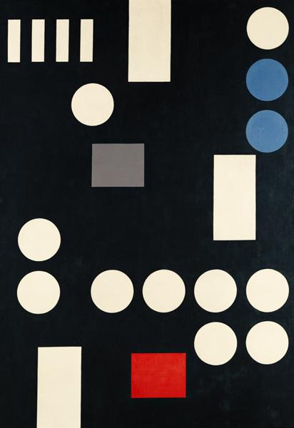 Komposition mit Rechtecken und Kreisen auf schwarzer Leinwand. 1931