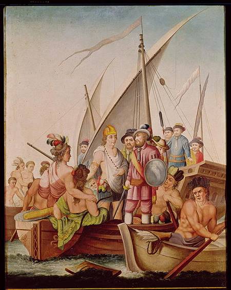 The Arrival of Hernando Cortes (1485-1547) in Mexico von Spanish School
