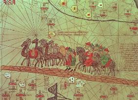 Catalan Atlas, detail showing the family of Marco Polo (1254-1324) travelling camel caravan