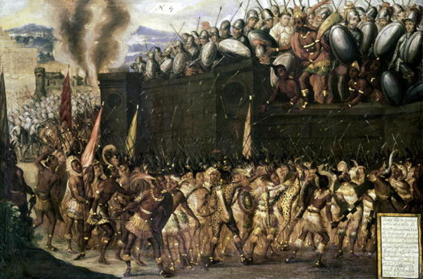 Montezuma (1466-1547), captured by the Spaniards, pleads with the Aztecs to surrender as they attack von Spanish School, (16th century)