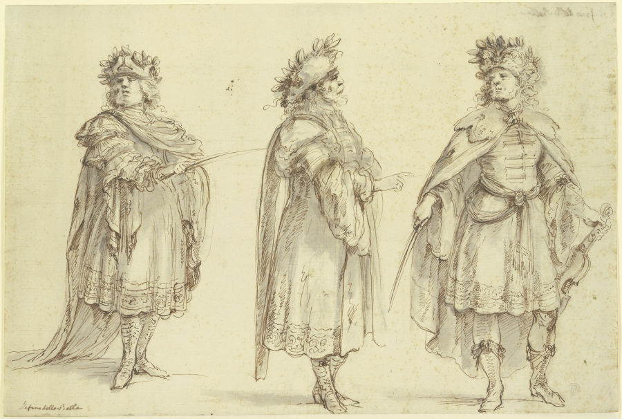 Mit Lorbeer gekrönter Geiger, drei Mal gezeichnet von Stefano della Bella